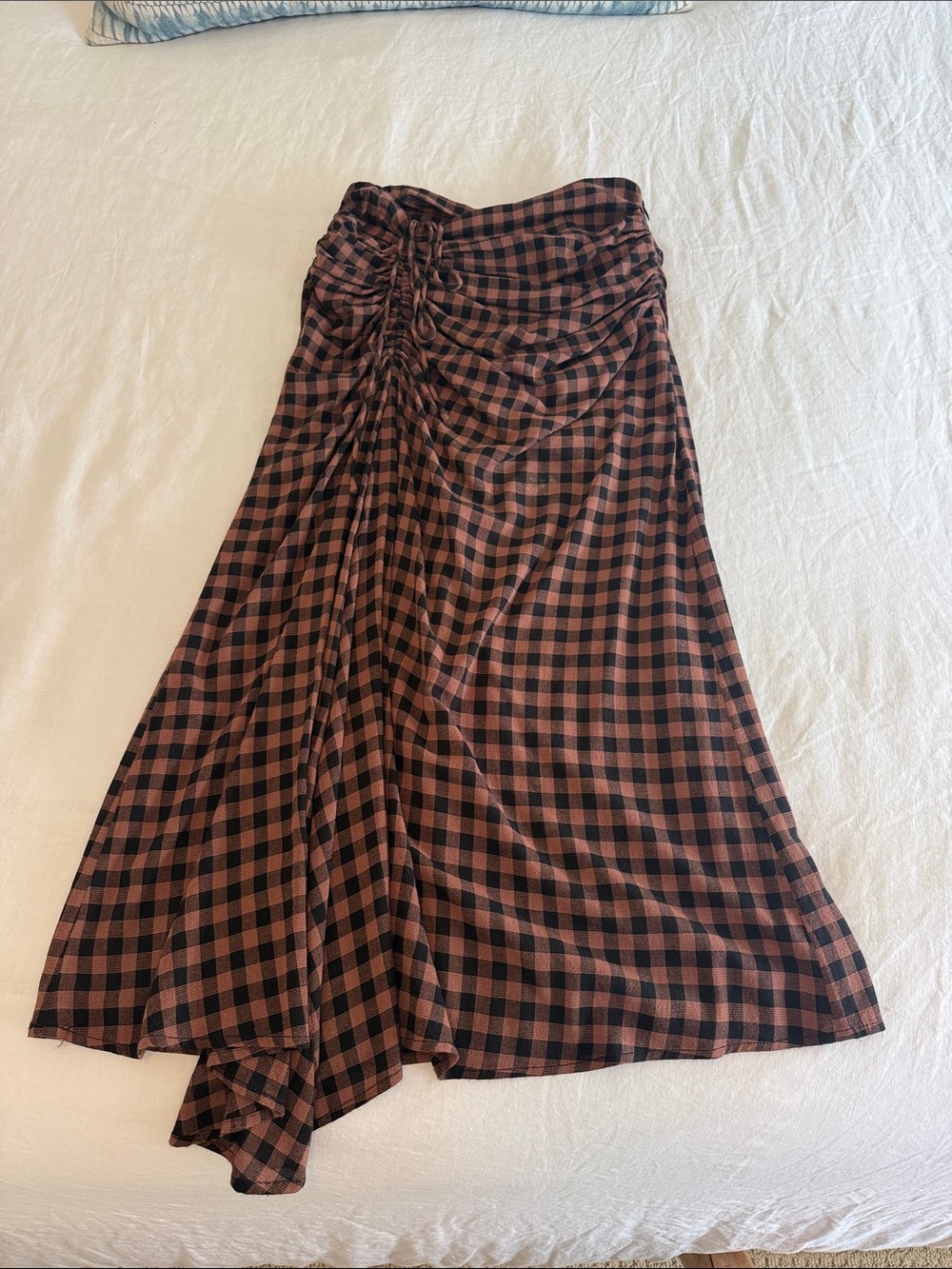 ALC Ruched Check Midi Skirt in Brown and Black
